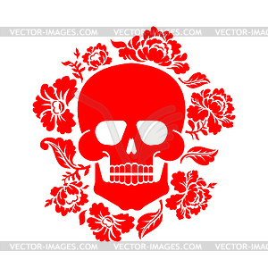 Череп и цветы. Скелет головы и розы. Смерть - иллюстрация в векторном формате