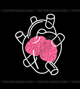 Transparent glass heart and brain inside. Mind - vector image