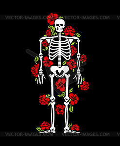 Skeleton and flowers. Human Bones and roses. Death - vector clip art