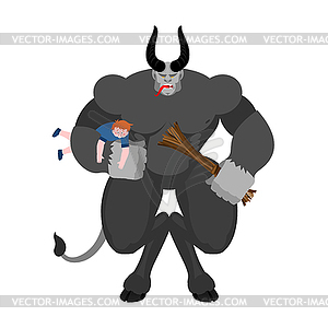 Krampus and children. Anti Santa Claus for bad kids - color vector clipart