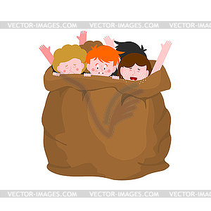 Naughty children in sack. Bad kids in bag. scared - vector clip art