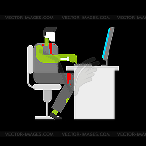 Zombie and computer working. Boy green dead and PC - vector clipart