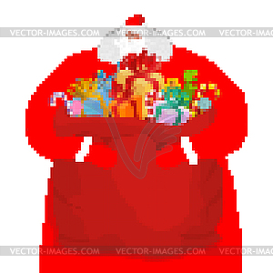 Santa Claus and bag pixel art. New Year big red sac - vector clipart