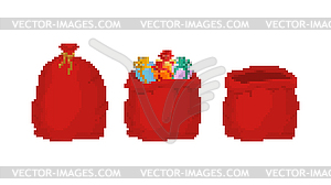 Red bag Santa Claus pixel art set. 8bit Large sack - vector image