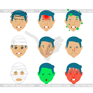 Headache set. Pain Bandaged head. Concussion and - vector image