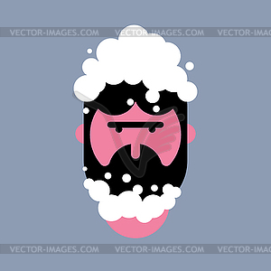 Man face in foam. Male head soaped. Portrait of - vector clipart