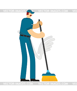 Janitor with sweeping brush. Service worker man. - color vector clipart
