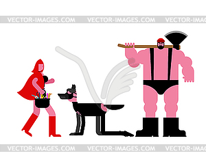 BDSM mistress Red Riding Hood and slave wolf. - vector clipart