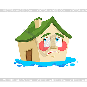 House pee flooded . Crying Home Cartoon Style - vector image