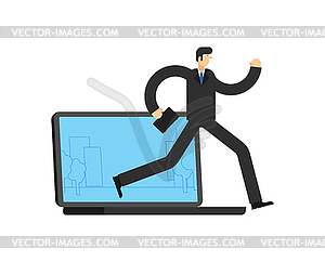 Businessman run away Laptop. Man go Offline. Concep - vector clipart