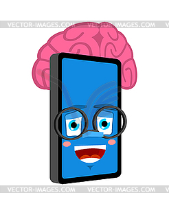 Phone with brains . Brain in Smartphone Cartoon - vector clipart