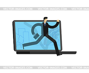 Businessman run away Laptop. Man go Offline. Concep - vector image