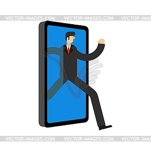 Businessman run away smartphone. Man go Offline. - vector image