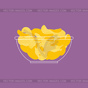 Картофельные чипсы в миске. Закуска жареная - векторизованное изображение