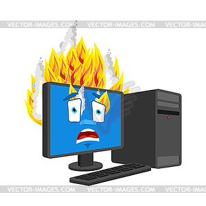 Computer Fire . burning Computer Cartoon Style. dat - vector image