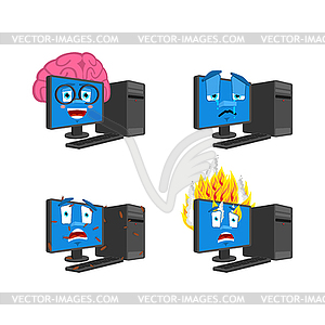 Computer emoji set. PC Smart and infected. Fire - vector image