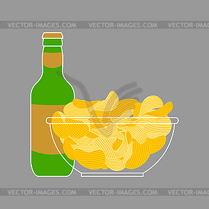 Beer bottle and Potato chips in bowl . Snack food - vector image