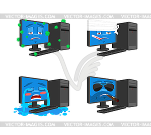 Computer emoji set. PC Sick and sad. Bandaged and - vector clipart