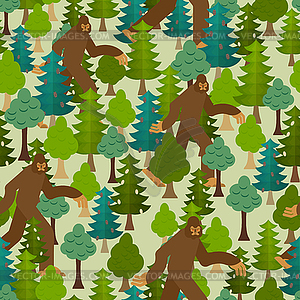 Bigfoot in forest pattern seamless. Yeti and trees - stock vector clipart