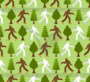 Йети в лесу шаблон бесшовные. Снежный человек и деревья - изображение в векторном формате