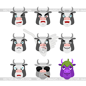 Корова набор смайликов аватар. грустное и злое лицо. виновный - стоковый векторный клипарт