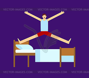 Man jumps out of bed. Guy wakes up - vector image