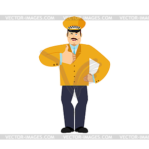 Taxi driver thumbs up and winks. Cabdriver happy - vector image