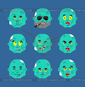 Zombie set emoji avatar. sad and angry face. - vector image