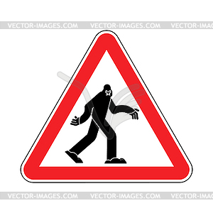 Attention Bigfoot. Caution Yeti. Red triangle road - vector image