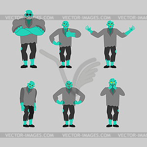 Zombie set poses. Living Dead happy. Undead sleepin - vector image