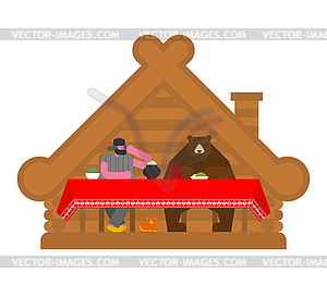 Russian family in home. Bear traditional home - vector image