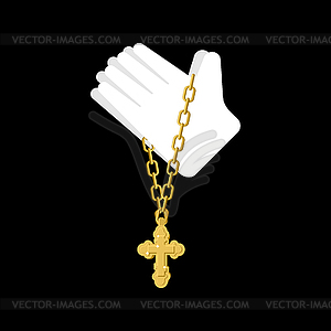 Hands in prayer and cross . Prayer Religion textu - vector image