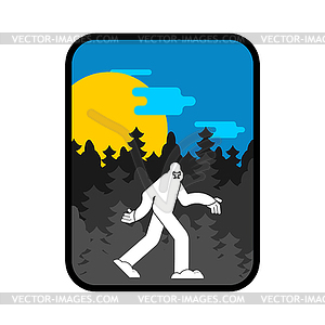 Yeti and mountains symbol. Bigfoot and forest sign - vector clipart