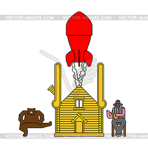 Russian bomb in hut. Secret rocket launcher in - vector clipart