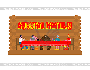 Russian family in home. Bear traditional home - vector clip art