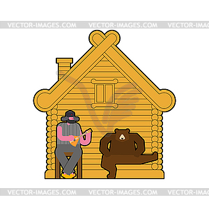 Russian family in home. Bear traditional home - vector clip art