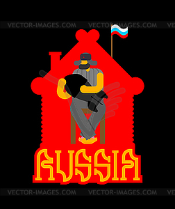 Russian bomb. Man and rocket. National Folk hut. - vector image