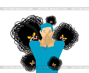 Fear surrounds man. Human fears. guy behind horrors - vector clipart