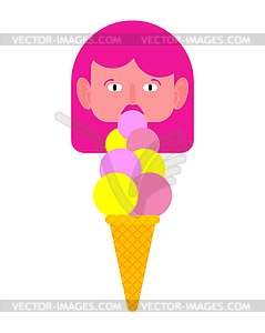 Girl eats ice cream. happy beautiful female and  - vector clip art