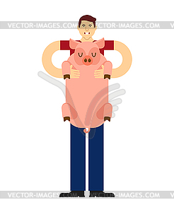 Man holds pig in his arms. Guy and Pet pig - vector image
