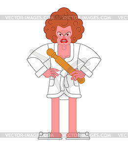 Angry wife in bathrobe and with rolling pin. - vector image