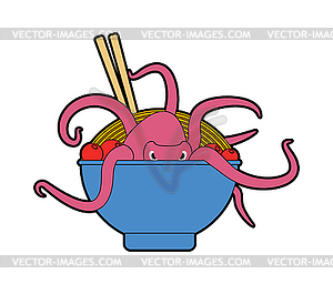 Chinese noodle with squid. Soup with octopus - vector clipart