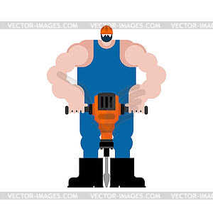 Road worker and jackhammer. Roadman at work - vector image