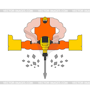 Road worker and jackhammer. Roadman at work - vector image