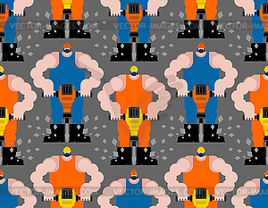 Road worker and jackhammer pattern seamless. Roadma - vector clipart