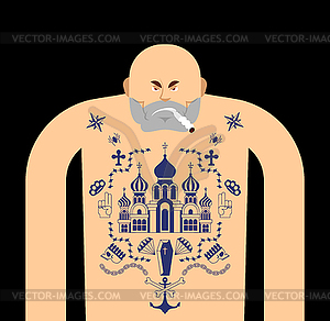 Russian prisoner with tattoo. Russia criminal guy - vector image