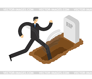 Man walks in grave. Guy go in grave pit - vector image