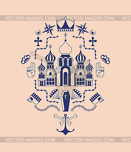 Russian prison tattoo. Church and skull. Cross and - vector clip art