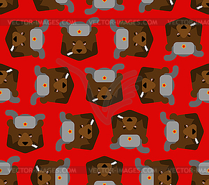 Russian bear with ear flaps pattern seamless. Russi - vector image