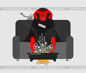 Devil sick sitting in armchair wrapped in blanket. - vector EPS clipart